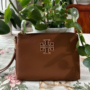 Tory Burch Tan Leather Wristlet with Gold Logo
